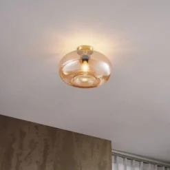 QAZQA Deckenleuchten|Wohnzimmerlampen*Art-Deco-Deckenleuchte Messing mit Bernsteinglas 40cm - Busa