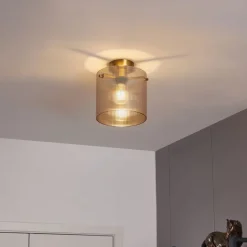 QAZQA Schlafzimmerlampen|Küchenlampen*Art-Deco-Deckenleuchte Messing mit Bernsteinglas - Laura