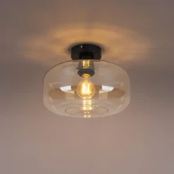 QAZQA Schlafzimmerlampen|Küchenlampen*Art-Deco-Deckenleuchte schwarz mit bernsteinfarbenem Glas – Bizle