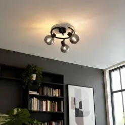 QAZQA Küchenlampen|Deckenstrahler*Art-Deco-Deckenleuchte schwarz mit Rauchglas 3-flammig rund - Vidro