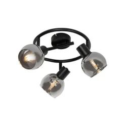 QAZQA Küchenlampen|Deckenstrahler*Art-Deco-Deckenleuchte schwarz mit Rauchglas 3-flammig rund - Vidro