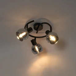 QAZQA Küchenlampen|Deckenstrahler*Art-Deco-Deckenleuchte schwarz mit Rauchglas 3-flammig rund - Vidro