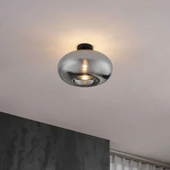 QAZQA Deckenleuchten|Wohnzimmerlampen*Art-Deco-Deckenleuchte schwarz mit Rauchglas 40cm - Busa