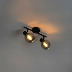 QAZQA Schlafzimmerlampen|Küchenlampen*Art-Deco-Deckenleuchte schwarz mit Rauchglas 2-flammig - Vidro