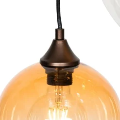 QAZQA Pendelleuchten|Wohnzimmerlampen*Art-Deco-Hängelampe aus Bronze mit bernsteinfarbenem Glas, rund, 7-flammig – Sandra