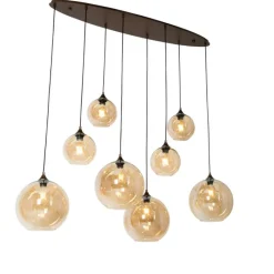 QAZQA Pendelleuchten|Wohnzimmerlampen*Art-Deco-Hängelampe aus dunkler Bronze mit bernsteinfarbenem Glas, oval, 8-flammig – Sandra