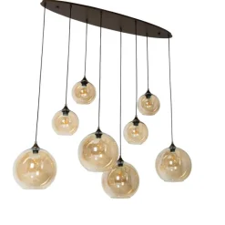 QAZQA Pendelleuchten|Wohnzimmerlampen*Art-Deco-Hängelampe aus dunkler Bronze mit bernsteinfarbenem Glas, oval, 8-flammig – Sandra