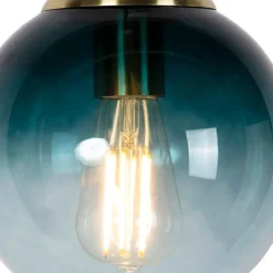 QAZQA Schlafzimmerlampen|Küchenlampen*Art-Deco-Hängelampe aus Messing mit ozeanblauem Glas 20 cm – Pallon