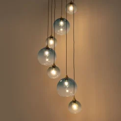 QAZQA Schlafzimmerlampen|Esszimmerlampen*Art-Deco-Hängelampe aus Messing mit blauem Glas, rund, 7-flammig – Sandra