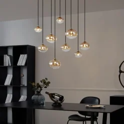 QAZQA Schlafzimmerlampen|Küchenlampen*Art-Deco-Hängelampe Gold mit bernsteinfarbenem Glas 9-flammig - Jia