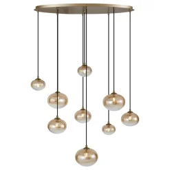 QAZQA Schlafzimmerlampen|Küchenlampen*Art-Deco-Hängelampe Gold mit bernsteinfarbenem Glas 9-flammig - Jia