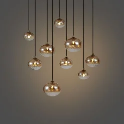 QAZQA Schlafzimmerlampen|Küchenlampen*Art-Deco-Hängelampe Gold mit bernsteinfarbenem Glas 9-flammig - Jia