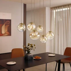 QAZQA Pendelleuchten|Wohnzimmerlampen*Art-Deco-Hängelampe Messing mit ovaler Deckenplatte und bernsteinfarbenem Glas 6-flammig - Douglass