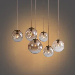 QAZQA Pendelleuchten|Wohnzimmerlampen*Art-Deco-Hängelampe Messing mit ovaler Deckenplatte und bernsteinfarbenem Glas 6-flammig - Douglass