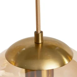 QAZQA Pendelleuchten|Wohnzimmerlampen*Art-Deco-Hängelampe Messing mit ovaler Deckenplatte und bernsteinfarbenem Glas 6-flammig - Douglass