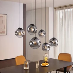 QAZQA Schlafzimmerlampen|Küchenlampen*Art-Deco-Hängelampe schwarz mit ovaler Deckenplatte und Rauchglas 6-flammig - Douglass