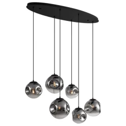 QAZQA Schlafzimmerlampen|Küchenlampen*Art-Deco-Hängelampe schwarz mit ovaler Deckenplatte und Rauchglas 6-flammig - Douglass