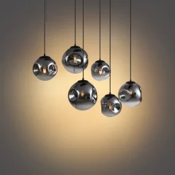 QAZQA Schlafzimmerlampen|Küchenlampen*Art-Deco-Hängelampe schwarz mit ovaler Deckenplatte und Rauchglas 6-flammig - Douglass