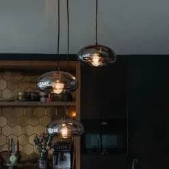 QAZQA Küchenlampen|Wohnzimmerlampen*Art-Deco-Hängelampe schwarz mit Rauchglas rund 3-flammig – Ayesha