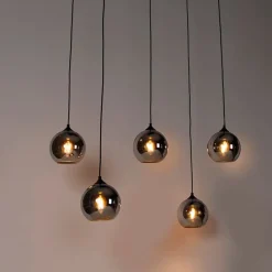 QAZQA Schlafzimmerlampen|Küchenlampen*Art-Deco-Hängelampe schwarz mit Rauchglas 5 Lichter - Wallace