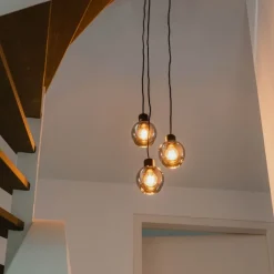 QAZQA Schlafzimmerlampen|Küchenlampen*Art-Deco-Hängelampe schwarz mit Rauchglas rund 3-flammig - Vidro