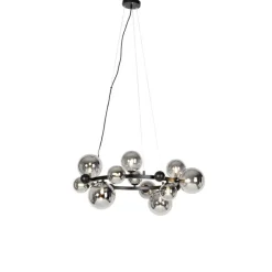 QAZQA Küchenlampen|Pendelleuchten*Art-Deco-Hängelampe schwarz mit Rauchglas 12-flammig – David