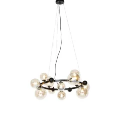 QAZQA Schlafzimmerlampen|Küchenlampen*Art-Deco-Hängelampe schwarz mit bernsteinfarbenem Glas 12 Lichter – David