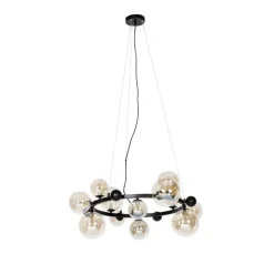 QAZQA Schlafzimmerlampen|Küchenlampen*Art-Deco-Hängelampe schwarz mit bernsteinfarbenem Glas 12 Lichter – David