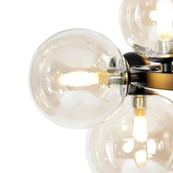 QAZQA Schlafzimmerlampen|Küchenlampen*Art-Deco-Hängelampe schwarz mit bernsteinfarbenem Glas 12 Lichter – David