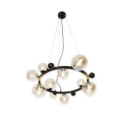 QAZQA Schlafzimmerlampen|Küchenlampen*Art-Deco-Hängelampe schwarz mit bernsteinfarbenem Glas 12 Lichter – David