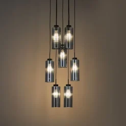 QAZQA Pendelleuchten|Wohnzimmerlampen*Art-Deco-Hängelampe schwarz mit Rauchglas 7-flammig – Laura