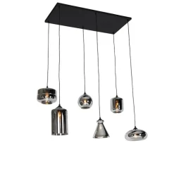 QAZQA Pendelleuchten|Wohnzimmerlampen*Art-Deco-Hängelampe schwarz mit Rauchglas 6 Lichter - Wallace