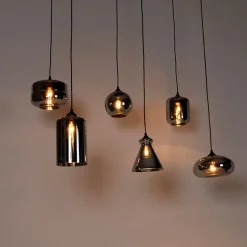 QAZQA Pendelleuchten|Wohnzimmerlampen*Art-Deco-Hängelampe schwarz mit Rauchglas 6 Lichter - Wallace