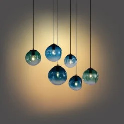 QAZQA Schlafzimmerlampen|Küchenlampen*Art-Deco-Hängeleuchte schwarz mit ovaler Deckenplatte und grünem und blauem Glas 6-flammig - Douglass