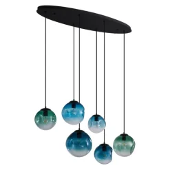 QAZQA Schlafzimmerlampen|Küchenlampen*Art-Deco-Hängeleuchte schwarz mit ovaler Deckenplatte und grünem und blauem Glas 6-flammig - Douglass