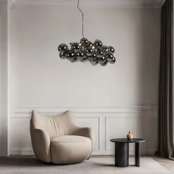 QAZQA Schlafzimmerlampen|Esszimmerlampen*Art-Deco-Hängeleuchte schwarz mit Rauchglas 8-flammig - Uvas