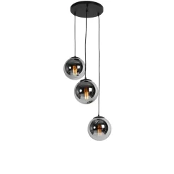 QAZQA Pendelleuchten|Wohnzimmerlampen*Art-Deco-Pendelleuchte schwarz mit Rauchglas 3-flammig - Pallon