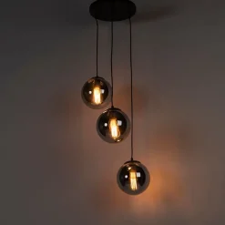 QAZQA Pendelleuchten|Wohnzimmerlampen*Art-Deco-Pendelleuchte schwarz mit Rauchglas 3-flammig - Pallon