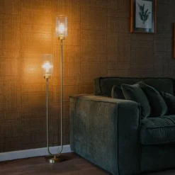QAZQA Stehlampen|Wohnzimmerlampen*Art-Deco-Stehlampe Gold mit Glas 2-flammig - Laura