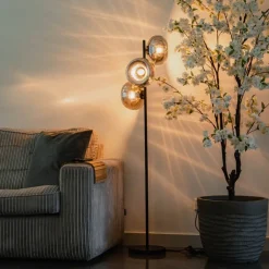 QAZQA Schlafzimmerlampen|Küchenlampen*Art-Deco-Stehlampe schwarz mit Rauchglas 3-flammig – Ayesha