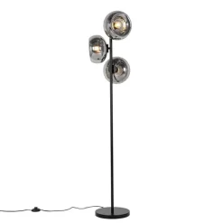 QAZQA Schlafzimmerlampen|Küchenlampen*Art-Deco-Stehlampe schwarz mit Rauchglas 3-flammig – Ayesha