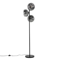 QAZQA Schlafzimmerlampen|Küchenlampen*Art-Deco-Stehlampe schwarz mit Rauchglas 3-flammig – Ayesha