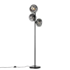 QAZQA Schlafzimmerlampen|Küchenlampen*Art-Deco-Stehlampe schwarz mit Rauchglas 3-flammig – Ayesha