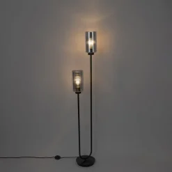 QAZQA Schlafzimmerlampen|Küchenlampen*Art-Deco-Stehleuchte schwarz mit Rauchglas 2-flammig – Laura