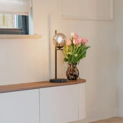 QAZQA Tischlampen|Wohnzimmerlampen*Art-Deco-Tischlampe in Schwarz und Rauchglas – Flore