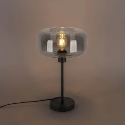 QAZQA Schlafzimmerlampen|Küchenlampen*Art-Deco-Tischlampe schwarz mit Rauchglas - Bizle