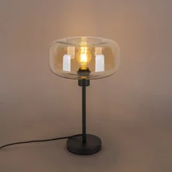 QAZQA Schlafzimmerlampen|Küchenlampen*Art-Deco-Tischlampe schwarz mit braunem Glas - Bizle