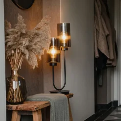 QAZQA Schlafzimmerlampen|Küchenlampen*Art-Deco-Tischlampe schwarz mit Rauchglas 2-flammig – Laura