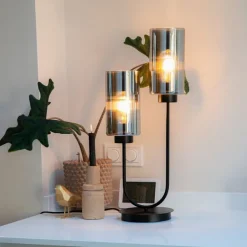 QAZQA Schlafzimmerlampen|Küchenlampen*Art-Deco-Tischlampe schwarz mit Rauchglas 2-flammig – Laura