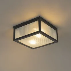 QAZQA Gartenbeleuchtung|Badezimmerlampen*Außendeckenleuchte schwarz mit geripptem Glas 2-flammig IP44 - Charlois